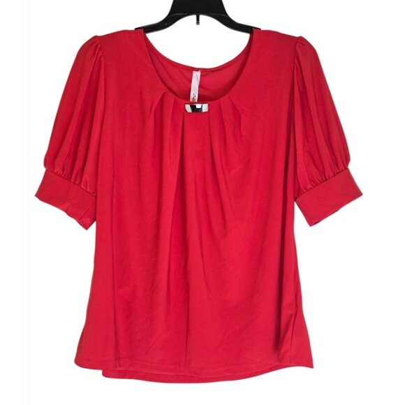 NY Collection Red Half Sleeve Blouse With Pleated Front Design & Metal Accent Si - Picture 1 of 7